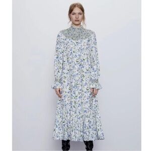 Zara Floral Long Sleeve Dress - Blue and White